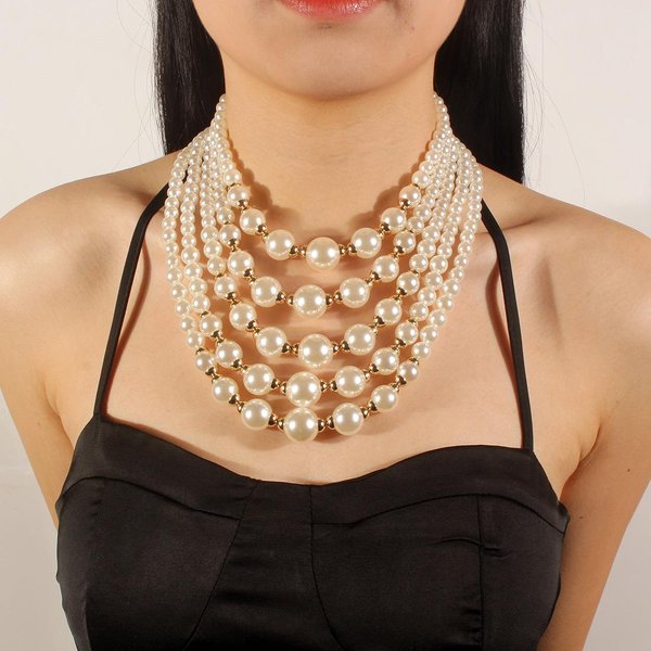 Europa Y Estados Unidos Collar De Perlas Exageradas Pendientes Conjunto Moda Gargantilla Multicapa Colgante Cadena De SuéTer Accesorios Variados Blanco-image