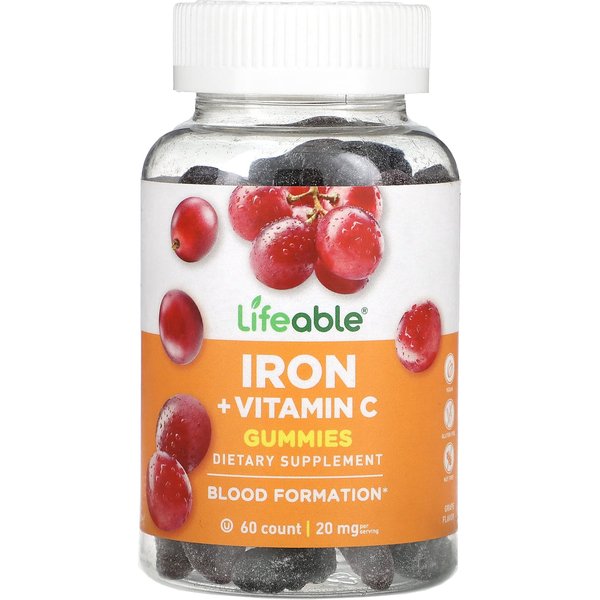 Lifeable, Gomitas De Hierro + Vitamina C, Uvas, 20 Mg, 60 Piezas (10 Mg Por Gominola)-image