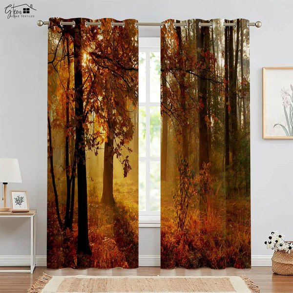 Bosque Woods Cortinas Impresas En 3D Paisaje Verde Luz Solar Hoja De Arce Vitalidad De La Naturaleza B & B Hotel Dormitorio Sala De Estar Cortinas W50Xh130(Cm)X2Pcs&Rod Pocket-image