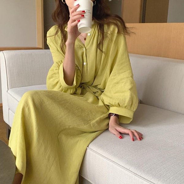 Vestido Camisero Holgado De AlgodóN Y Lino De Estilo Informal, Con Escote En V Y Falda Larga Hasta La Rodilla, Para Primavera Y OtoñO. XL Amarillo-image