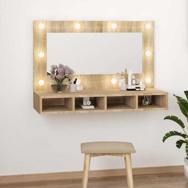 Vidaxl Armario Con Espejo E IluminacióN Led, Roble Sonoma, 90X31,5X62 Cm-image