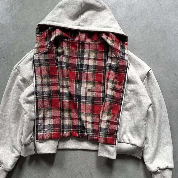 CáRdigan Con Capucha Y Cremallera A Cuadros Y2K De Doble Cara Para OtoñO/Invierno – Sudadera Unisex De Streetwear L Black-image
