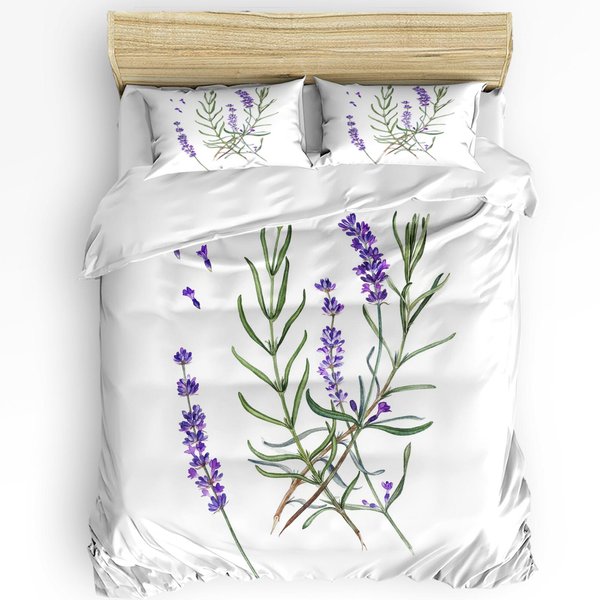 Morado Lavanda Hojas Verdes Planta Flor Funda NóRdica Cama Juego De Ropa De Cama Hogar Funda De EdredóN Fundas De Almohada Juego De Ropa De Cama Para Dormitorio Sin SáBana EU Single(135X200Cm)-image
