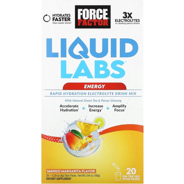 Force Factor, Liquid Labs Energy, Mezcla Para Bebida ElectrolíTica De HidratacióN RáPida, Mango Margarita, 20 Paquetes Individuales, 0.28 Oz (8G) Cada-image