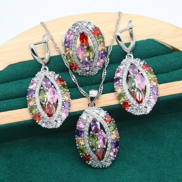 Nuevo Conjunto De JoyeríA Europea Y N De Moda Anti Alergia Circonita AAA Collar Pendientes Anillo 10 Yards Gray-image