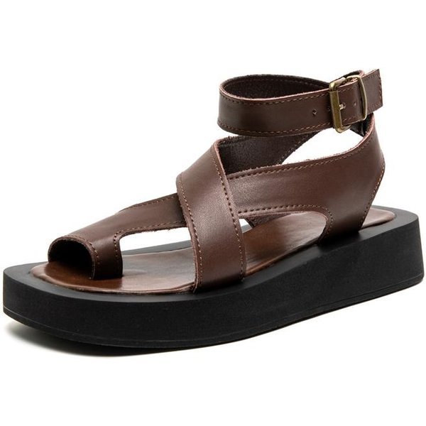 Sandalias Mujer Cuero Genuino Sandalias De Verano SeñOras Romanas Zapatos Muffin Sandalias 43 MarróN-image