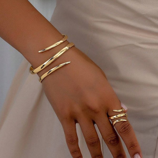 Conjunto De JoyeríA De Pulsera Y Anillo Europeo Y Grueso Para Mujer Conjunto Combinado De Pulsera Y Anillo De LíNea GeoméTrica Dorada Regalo Oro-image
