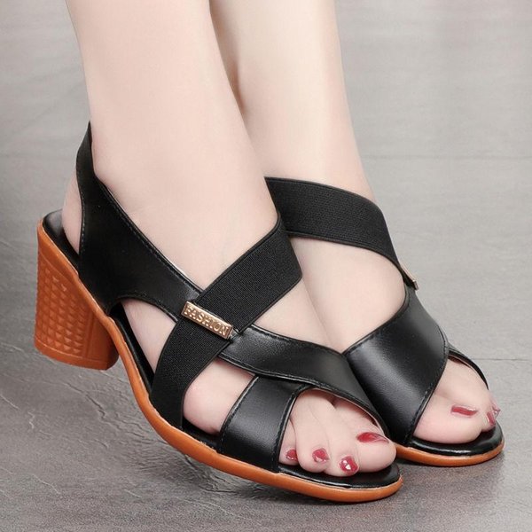 Sandalias De TacóN Medio Zapatos De Verano Para Mujer Zapatos De TacóN Alto Zapatos De Boca De Pez De TacóN Grueso Edad Media Y Avanzada CóModos Antideslizantes Suela Blanda 35-image