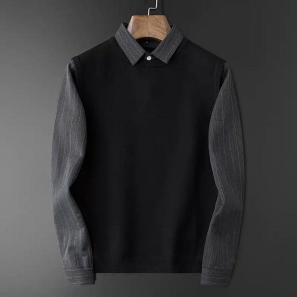 SuéTer Para Hombre OtoñO Invierno Cuello Solapa Falso Dos Casual Tejido Patchwork Contraste De Color Ajustado Negocio 4XL Black-image