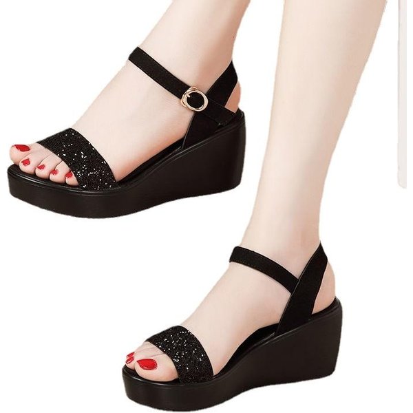 Sandalias De Plataforma Con CuñA Para Mujer Verano Retro Brillantes Punta Abierta Sandalias Con Correa Al Tobillo Para Mujer Vestir TacóN Alto 6Cm Zapatos Femeninos 40 Negro-image