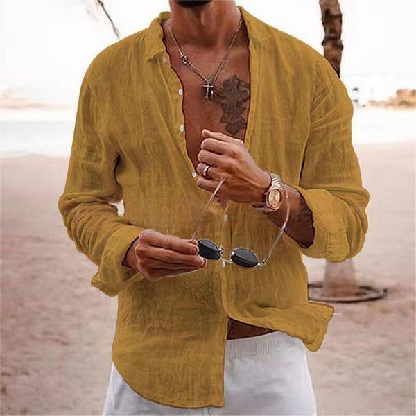 Nueva Camisa De Manga Larga Para Hombre De Mezcla De AlgodóN Y Lino Camisa De Color Liso Con Solapa Estilo Casual S-image