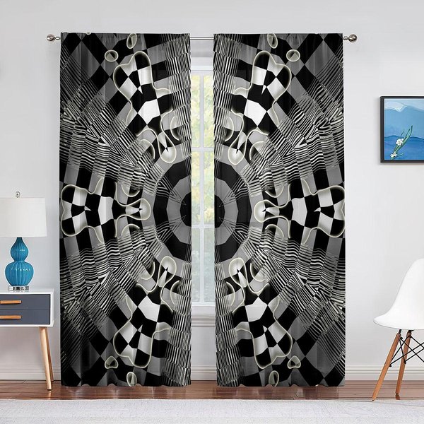 Cortina Voile Transparente A Cuadros Blancos Y Negros Para Decoraciones De Sala De Estar, Dormitorio, Cocina, Bandera De Coche De Carreras, Cortinas De Tul Para Ventana 1 PCS W100Xh250Cm&Grommet Top-image