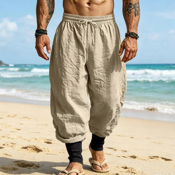 Pantalones Jogger De Lino Para Hombre Ajuste Holgado Cintura Con CordóN Transpirables Pierna CóNica Dobladillo Con PuñO Pantalones Casuales Para Playa Y Vacaciones XXL Beige-image