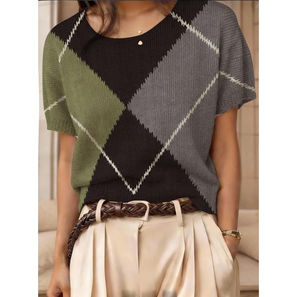 2026 Retro Sweter Top Z KróTkim RęKawem W Bloki Kolorystyczne Z Dzianiny ŻAkardowej Z OkrąGłYm Dekoltem Extra Large-image