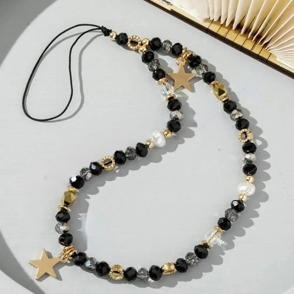 Cadena AcríLica Para TeléFono MóVil, Colgante De Estrella De Cinco Puntas Con Cuentas, CordóN Para TeléFono MóVil, Cuerda Colgante Para Mujer, JoyeríA De Moda Negro-image