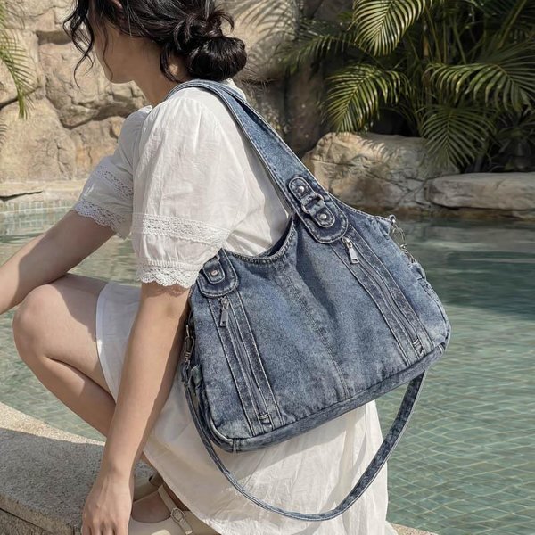 DużA Pojemność Torba Na Ramię Z Nitami Z Pranego Denimu Dla Kobiet Casualowa Jeansowa Torba Tote Crossbody Torba Na Zakupy 37Cm 12Cm 27Cm BłęKitny Kolor-image