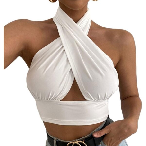 Top De Verano Para Mujer De Color SóLido Con Cruz En El Cuello, Sin Mangas, Espalda Descubierta, Ajustado, Sexy, Para Fiesta S-image
