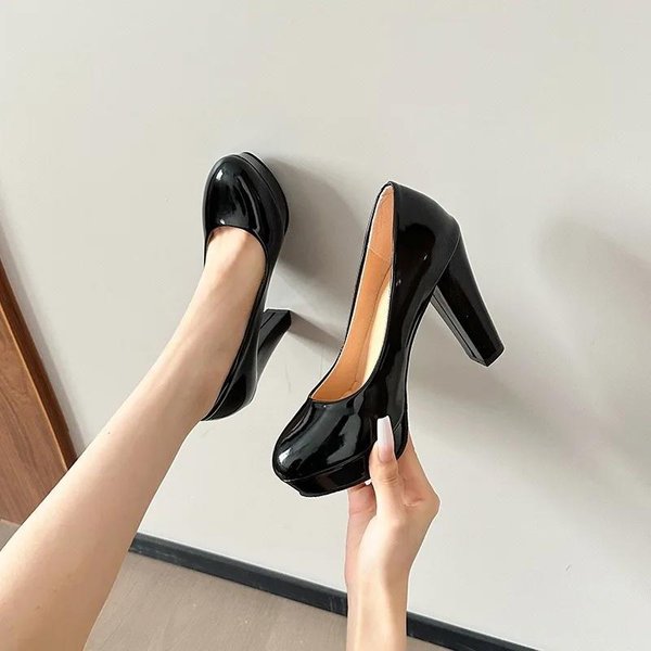 Moda Zapatos De TacóN Alto Para Mujer Punta Estilizada TacóN Grueso Bajo Zapatos De Vestir Slip On Talla Grande Para Zapatos Femeninos 42 Negro-image
