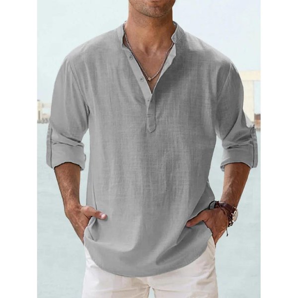 Nuevas Camisas De Lino De AlgodóN Para Hombres, Camisas Casuales, Camisas Ligeras De Manga Larga Henley Beach, Camisetas Hawaianas Para Hombres, Ropa De Calle US M 60-70 KG Gris-image