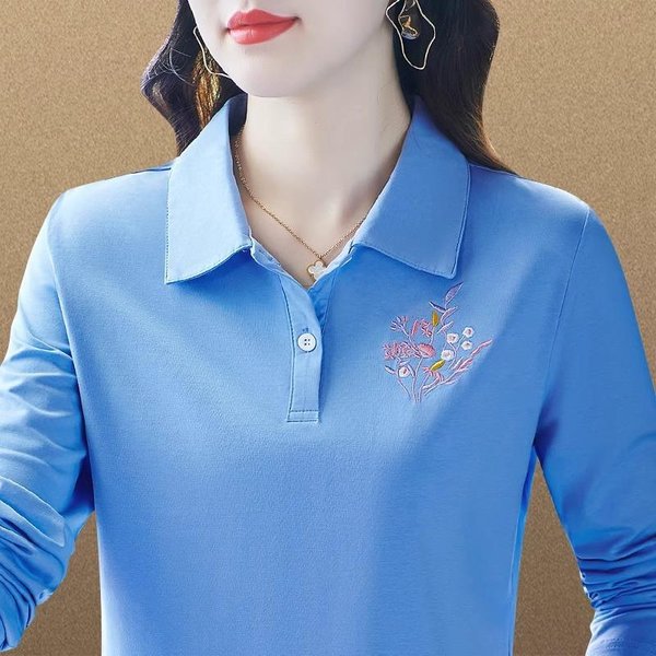 Camiseta Polo Madre Reductora De Edad Bordada De Manga Larga Para Mujer OtoñO Nuevo Camiseta Temperamento VersáTil Casual VersáTil Top 4XL-image
