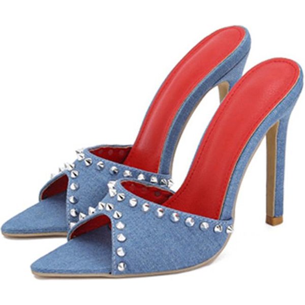 Liyke Moda De Verano Remache MetáLico DiseñAdor Tacones Altos Zapatillas De Mujer Sexy Puntera Afilada Fiesta Zapatos De Stripper Mules Sandalias 40 Azul-image