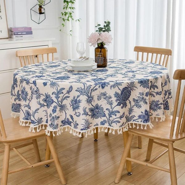 Mantel Circular Con Estampado De Plantas, Borde De Borlas, Imagen Floral, Cubierta De Escritorio, Hotel, Restaurante, Mantel Decorativo Pastoral Round 90Cm 1Pcs-image