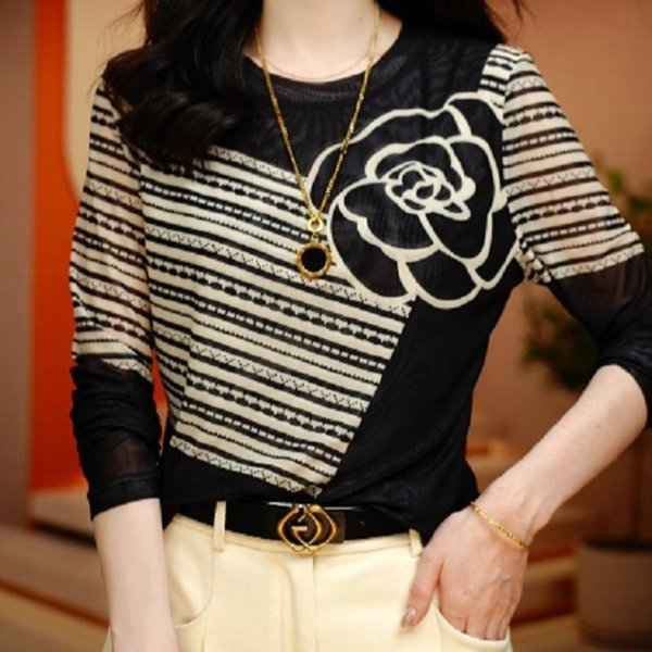 Nuevo Top De Invierno Camiseta BáSica De Manga Larga Casual Extranjera VersáTil Camiseta De Temperamento Que Reduce La Edad Mujer 3XL Negro-image