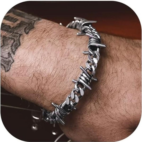 Bransoletki Z Drutu Kolczastego Dla MężCzyzn Kobiet Stal Nierdzewna Kolce Pancerka ŁAńCuchy Bransoletka Regulowana Punk Emo Styl BiżUteria 22CM Beige-image