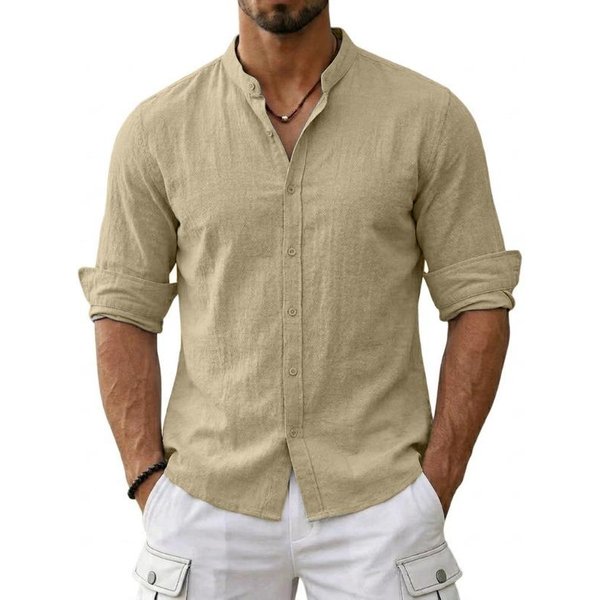 Nuevas Camisas De AlgodóN Y Lino Para Hombre Casual Lujo Hawaianas Ligeras Manga Larga Henley Camisas De Playa Camisetas Para Hombre 5XL Beige-image