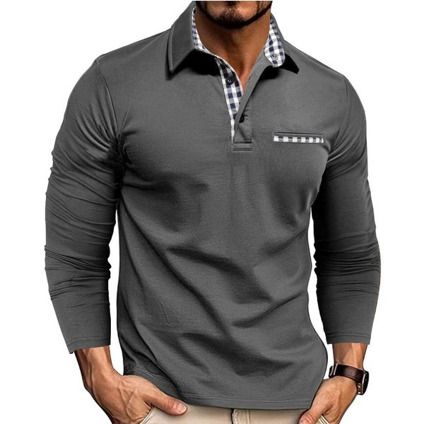 MęSka Dzianinowa Koszulka Polo W Kratę Z DłUgim RęKawem, Top Business-Casual, Odzież MęSka Na KażDą Porę Roku, LuźNy KróJ XXL Black-image