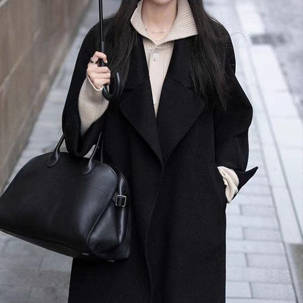 Abrigo De Cachemira De Doble Cara Para Mujer, Largo, De Lana, Estilo Hepburn, Para OtoñO E Invierno. S Black-image