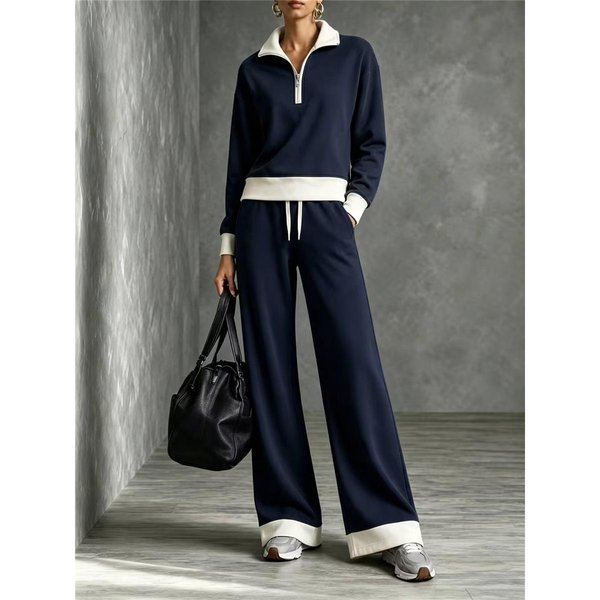 Conjunto De CháNdal De 2 Piezas Para Mujer, Sudadera Con Media Cremallera Y Cuello De Contraste De Color, Pantalones De Pierna Ancha Con CordóN, Conjunto Informal Para Estar En Casa XXL-image