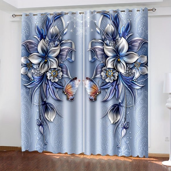 Cortinas Con Estampado Digital 3D De Flores De JardíN Azul Retro, 2 Unidades, Para Sala De Estar, Con Ojales En La Parte Superior. 2X50W100H(Cm)&Hook Blue-image