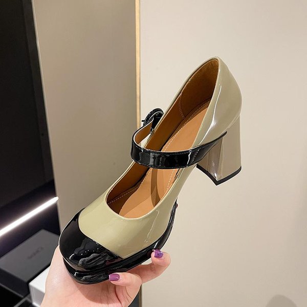 Zapatos De TacóN Alto Mary Jane Para Mujer Verano FrancéS Retro CombinacióN De Colores Punta Cuadrada Correa De Una Palabra Zapatos Individuales TacóN Grueso Zapatos PequeñOs De Cuero Para Mujer 39 Verde-image