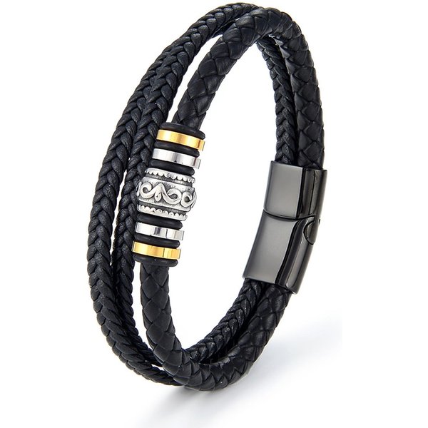 Pulsera De Moda Para Hombre Acero Inoxidable Multicapa CordóN De Cuero Trenzado Cuero Hebilla MagnéTica 215Mm-image