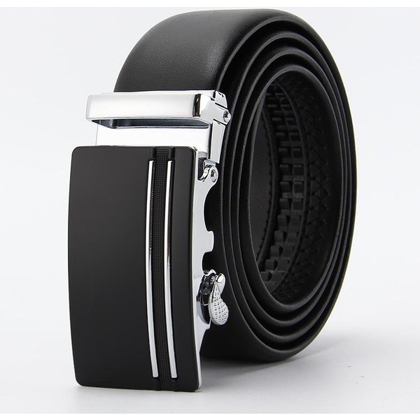 Nuevo Estilo Estampado Borde Para Hombre Segunda Capa Piel De Vacuno Hebilla AutomáTica CinturóN Estilo Reloj CinturóN Para Hombre De Negocios Y Casual 110-130CM Black-image