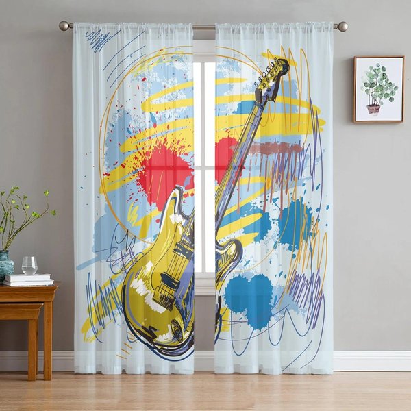 Notas Musicales Negro Gasa Cortinas Transparentes Para Sala De Estar Dormitorio DecoracióN Del Hogar Ventana Voiles Tul Cortinas W135 X H115Cm X1&Grommet Top-image