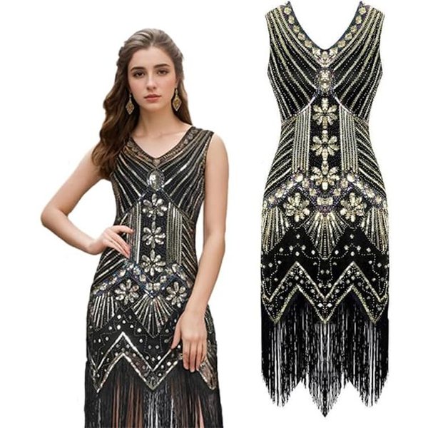 Vestidos Flapper De Los AñOs 20 Para Mujer Con Flecos Lentejuelas Vestido Great Gatsby Para Mujer Con Accesorios De Los AñOs 20 Disfraz De Los Felices AñOs Veinte S-image