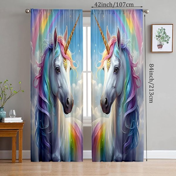2 Szt. - ZasłOny Poliestrowe Rainbow Pony Unicorn, ZasłOny Z Tunelem 42 * 84, Dekoracja Sypialni, Salonu, Pokoju Domowego 14Wx39L(35X100Cm)X2 Blue-image