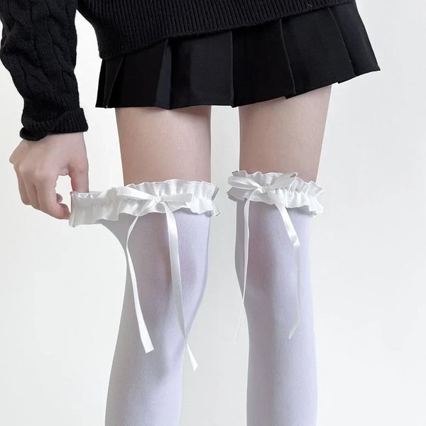 1 Para Rajstop Damskich Na Wiosnę I Lato, SłOdkie Rajstopy Za Kolano Z Koronką I Kokardą, Styl JapońSki, Lolita, DziewczęCe, Kawaii, PodkolanóWki One Size-image