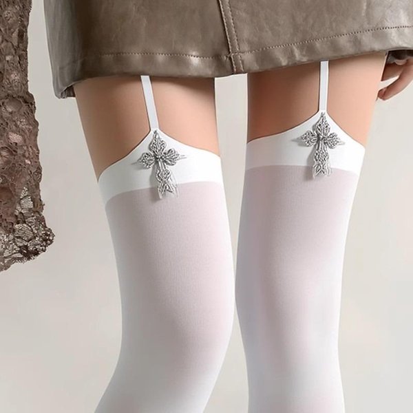 Damskie Seksowne PońCzochy Z PodwiąZkami Szeroki Pas Aksamitne Lolita Krzyż Cienkie Do Ud PońCzochy Z PodwiąZkami Y2K Jk Skarpety Nad Kolano One Size Gray-image