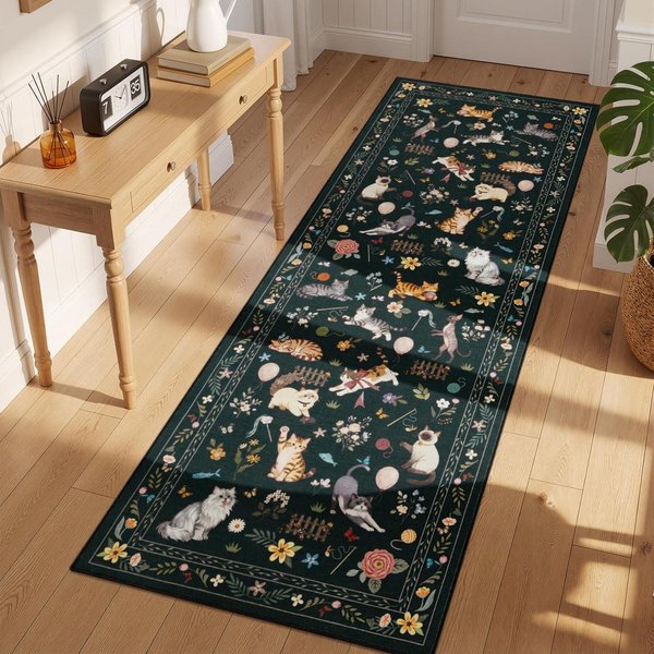 Vintage Ciemnozielony Botaniczny Kot Dywanik Biegacz Kwiaty ŁąKi Drukowany Mata PodłOgowa Artystyczny AntypośLizgowy DłUgi Dywan Do Przedpokoju Przy ŁóżKu 50X150Cm-Felt-image