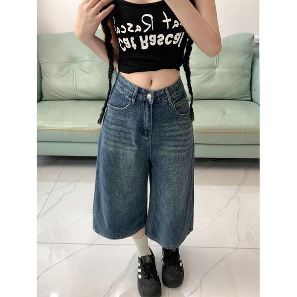 Jeans Cortos Anchos Retro Azules Mujer Baggy Y2K Jorts Casual Vintage Streetwear Harajuku Estilo Coreano Pantalones Cortos Denim BáSicos Verano XS Azul-image