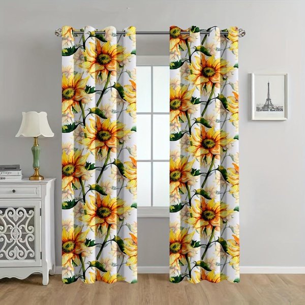 2 Paneles Cortina Estampada De Girasoles Negros, Cortina Con Bolsillo Para Barra Para Dormitorio, Oficina, Cocina, Sala De Estar, Estudio, DecoracióN Del Hogar W50 X H130(Cm)X2Pcs&Grommet Top White-image
