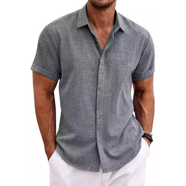 Camisas De Hombre De AlgodóN Y Lino, Manga Corta, Con Botones, Estilo Casual, Ideales Para El Verano, La Playa O Bodas. XXL Gris-image
