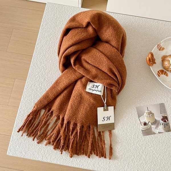 Zimowy WełNiany Szalik Damski Luksusowy Kaszmirowy Szalik Pogrubiony Koc CiepłY Szal Klasyczny Szalik Z FręDzlami Jednolity MięKki Szal 60X200Cm Brown-image