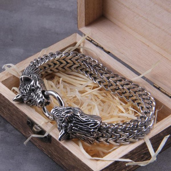 Pulsera Con Dije De Lobo Vikingo De Roca Never Fade Para Hombre, Cadena De Malla De Acero Inoxidable, Pulseras Punk De Lobo Dorado, JoyeríA De Motociclista 23Cm Gray-image