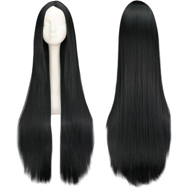 Czarna Peruka 100CM/40 CalóW DłUga Syntetyczna Peruka Odporna Na CiepłO Kostium Na Halloween Karnawał Cosplay Proste WłOsy 40Inches Black-image