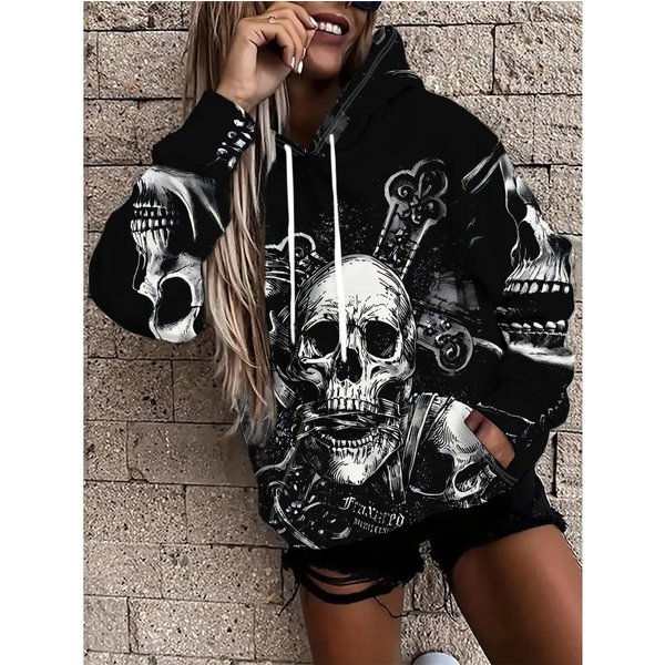 Damska Bluza Z Nadrukiem Czaszki, Casualowy Top Poliestrowy, Bluza Z DłUgim RęKawem W Stylu Ulicznym, Casualowa Do Noszenia Na Co Dzień XL-image