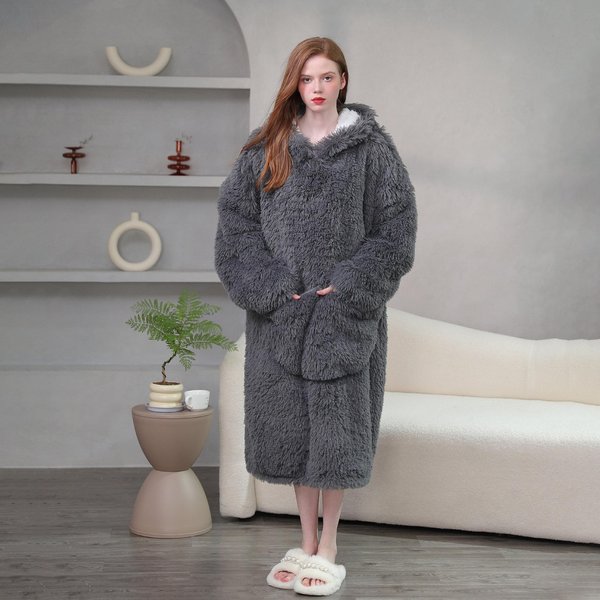 MięKka CiepłA Nocna Koszula Z Kapturem Gruba Koralowa WełNa Damska Jesień Zima Bielizna Nocna LuźNa Flanelowa Domowa Sukienka Ubranie Do Domu Koszula Nocna Szlafrok One Size Gray-image